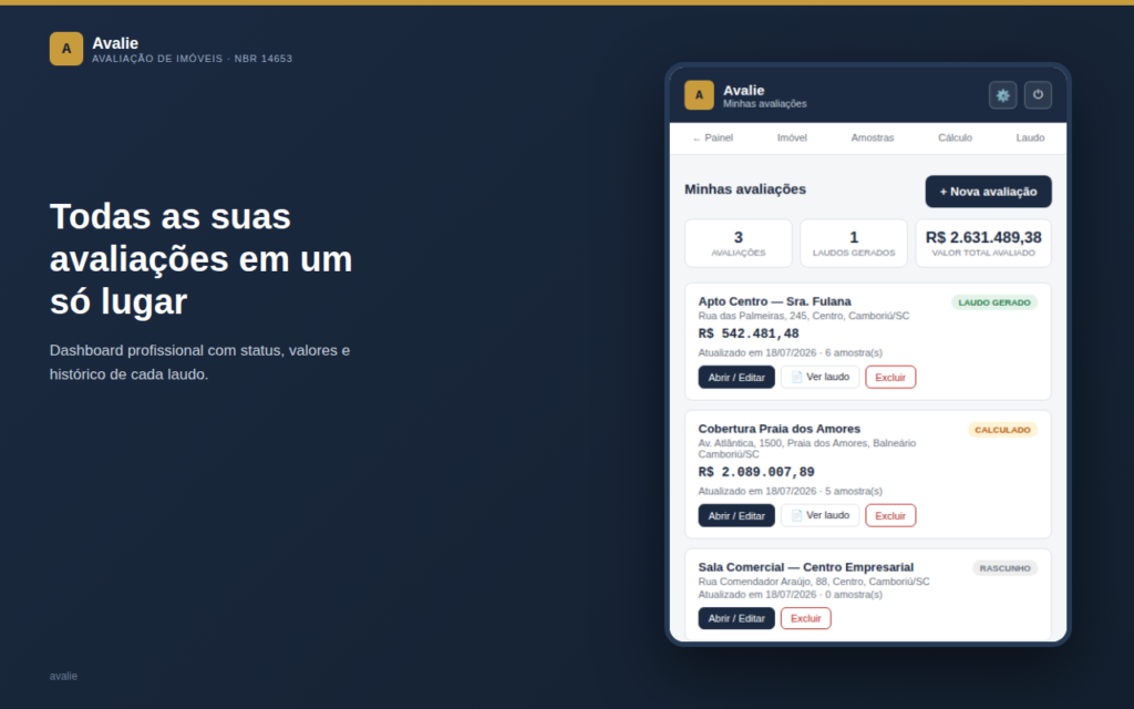 Dashboard do aplicativo Avalie usado por perito avaliador de imóveis