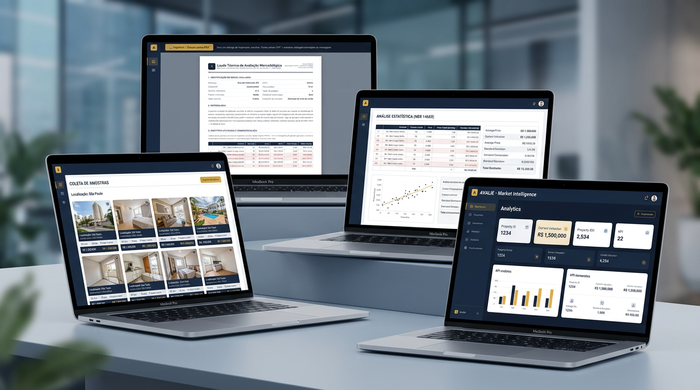 Avalie aberto em notebook, tablet e desktop mostrando captura de comparáveis, gráficos e laudo